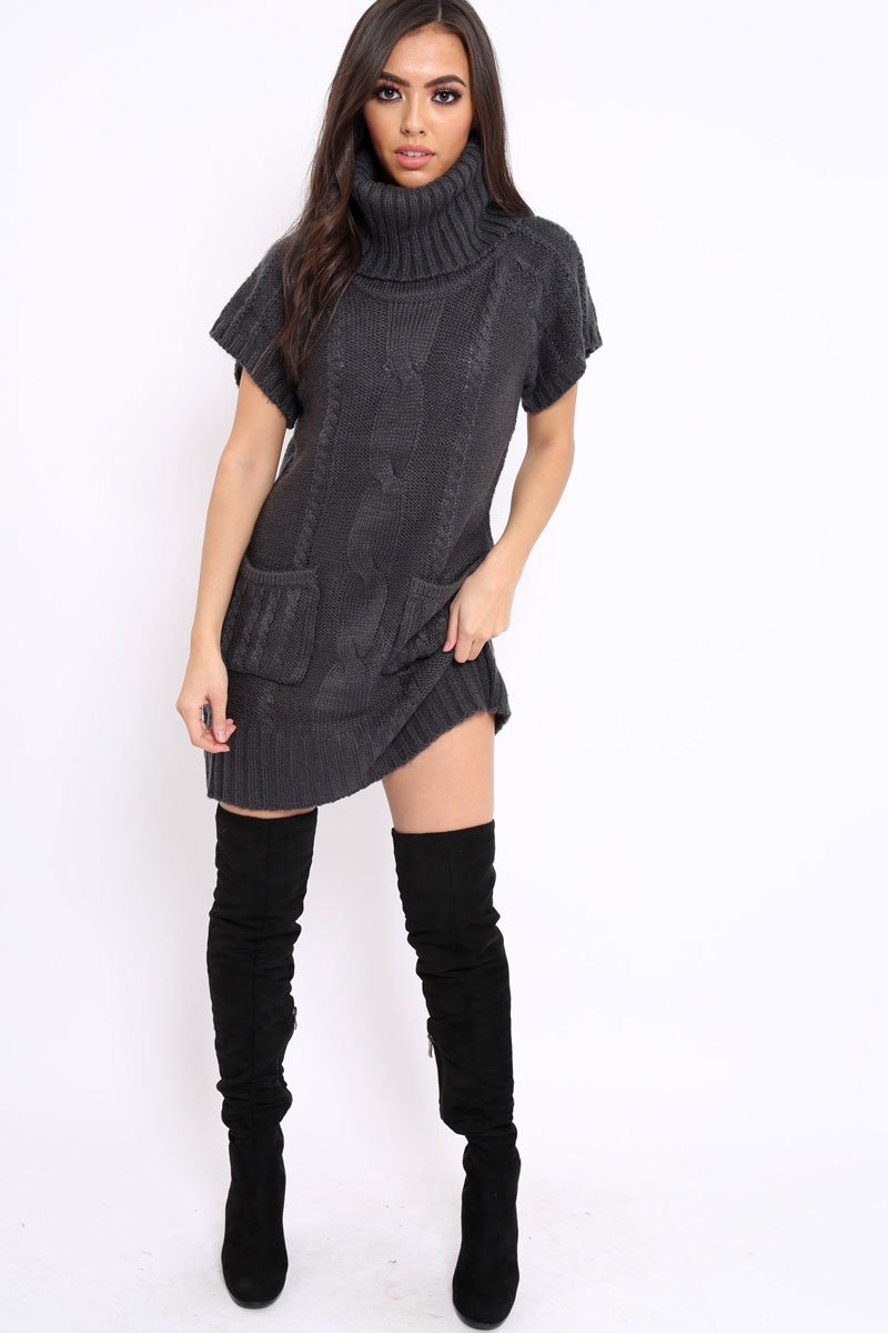 Charcoal Roll Neck Jumper Dress - Catrina-Dresses