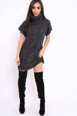 Charcoal Roll Neck Jumper Dress - Catrina-Dresses