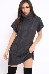 Charcoal Roll Neck Jumper Dress - Catrina-Dresses
