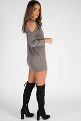 Charcoal Soft Cold Shoulder Jumper Dress - Tina-Jumper