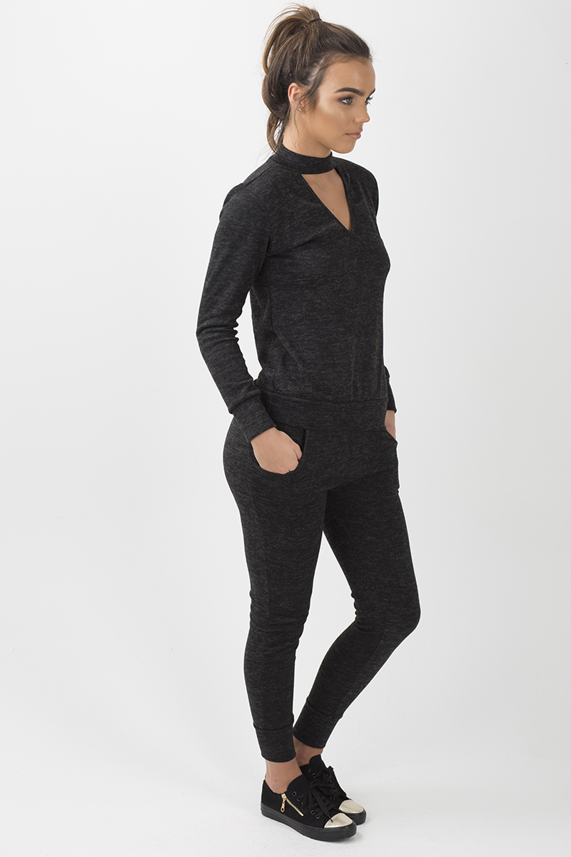 Charcoal Soft Cut Out Choker Neck Tracksuit - Lily-Tracksuits