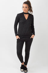 Charcoal Soft Cut Out Choker Neck Tracksuit - Lily-Tracksuits