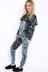 Charcoal Velvet Frill Tracksuit - Katey-Loungewear
