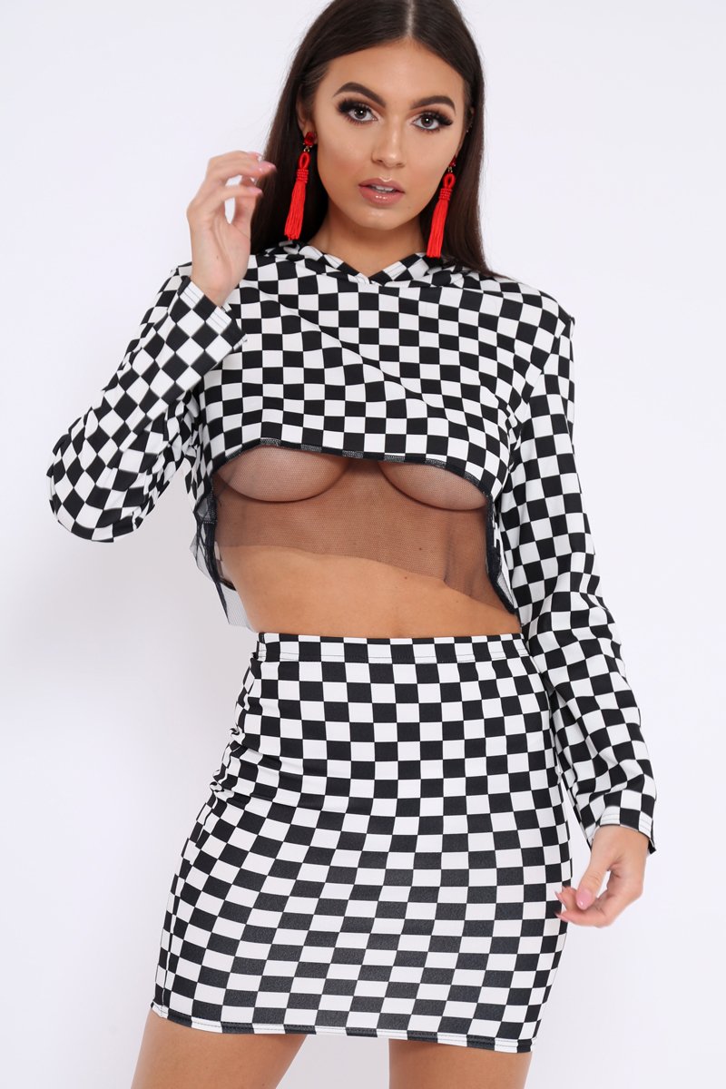 Checker Board Print Hooded Crop Top and Skirt Co - ord - Braelyn-Co-ords