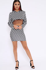 Checker Board Print Hooded Crop Top and Skirt Co - ord - Braelyn-Co-ords