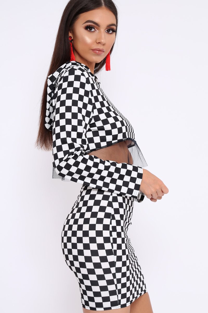 Checker Board Print Hooded Crop Top and Skirt Co - ord - Braelyn-Co-ords