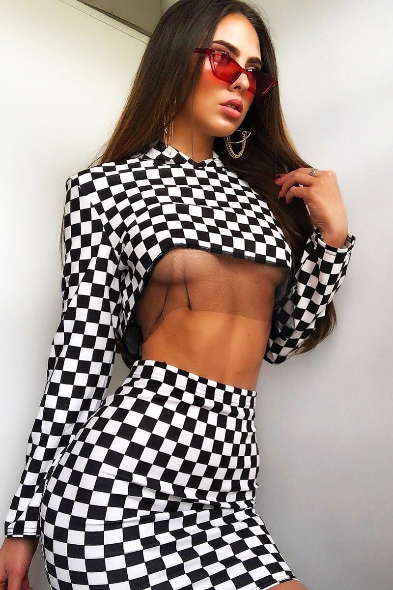 Checker Board Print Hooded Crop Top and Skirt Co - ord - Braelyn-Co-ords