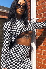Checker Board Print Hooded Crop Top and Skirt Co - ord - Braelyn-Co-ords