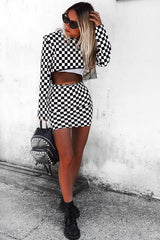 Checker Board Print Hooded Crop Top and Skirt Co - ord - Braelyn-Co-ords