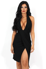 Cherie Black Halterneck Midi Dress-Dresses