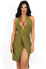 Cherie Khaki Halterneck Midi Dress-Dresses