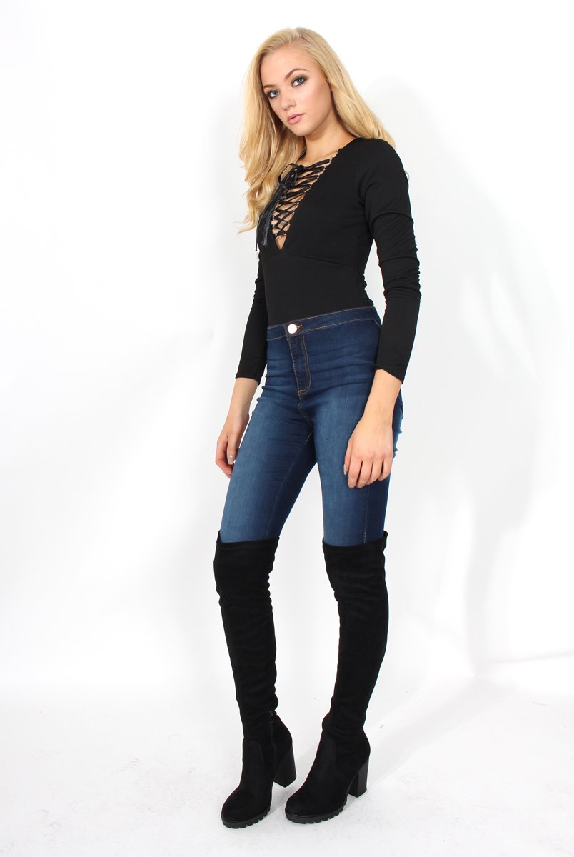 Cheryl Black Tie Up Long Sleeved Bodysuit-Bodysuits