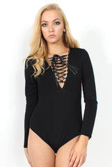 Cheryl Black Tie Up Long Sleeved Bodysuit-Bodysuits