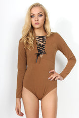 Cheryl Camel Tie Up Long Sleeved Bodysuit-Bodysuits