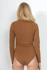 Cheryl Camel Tie Up Long Sleeved Bodysuit-Bodysuits