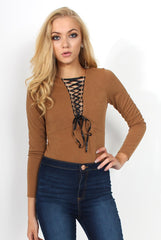 Cheryl Camel Tie Up Long Sleeved Bodysuit-Bodysuits