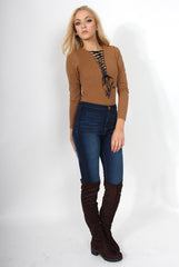 Cheryl Camel Tie Up Long Sleeved Bodysuit-Bodysuits