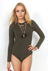 Cheryl Khaki Tie Up Long Sleeved Bodysuit-Bodysuits