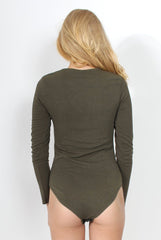 Cheryl Khaki Tie Up Long Sleeved Bodysuit-Bodysuits