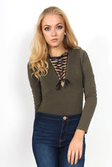 Cheryl Khaki Tie Up Long Sleeved Bodysuit-Bodysuits