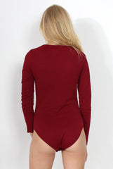 Cheryl Wine Tie Up Long Sleeved Bodysuit-Bodysuits