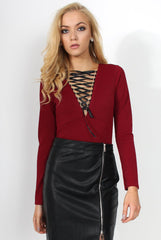 Cheryl Wine Tie Up Long Sleeved Bodysuit-Bodysuits