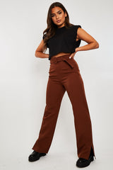 Chocolate Brown Belted Waist Wide Leg Trouser - Kaena-Trousers