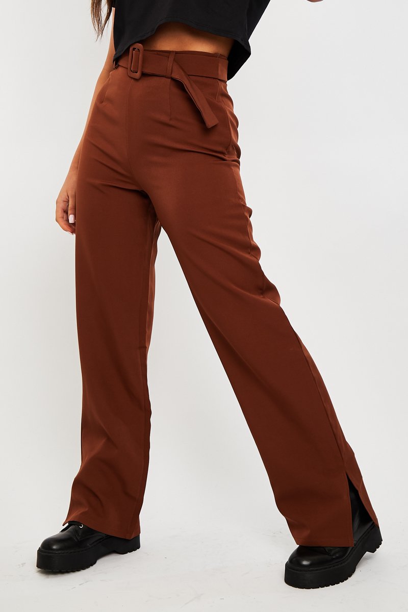 Chocolate Brown Belted Waist Wide Leg Trouser - Kaena-Trousers