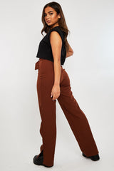 Chocolate Brown Belted Waist Wide Leg Trouser - Kaena-Trousers