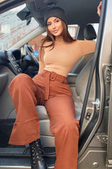 Chocolate Brown Belted Waist Wide Leg Trouser - Kaena-Trousers