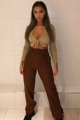 Chocolate Brown Belted Waist Wide Leg Trouser - Kaena-Trousers