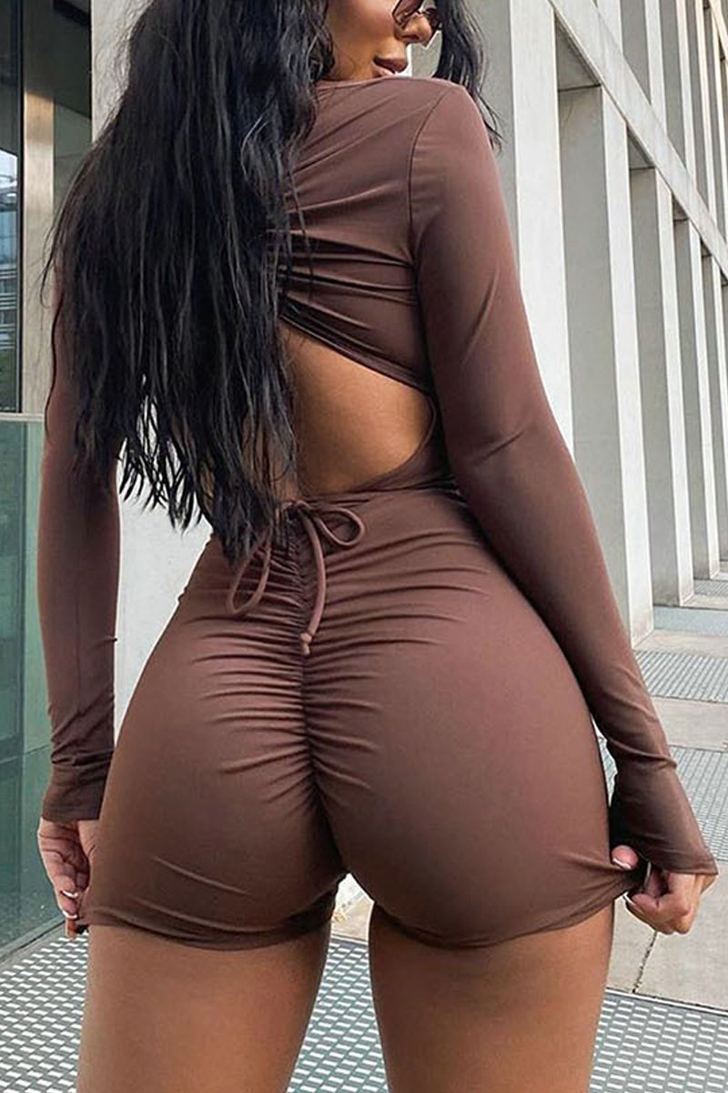 Chocolate Brown Cut Out Drawstring Ruched Playsuit - Ariel-Playsuits