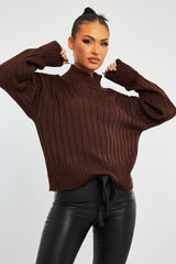 Chocolate Brown Knit High Neck Jumper - Jaelynn-Jumper