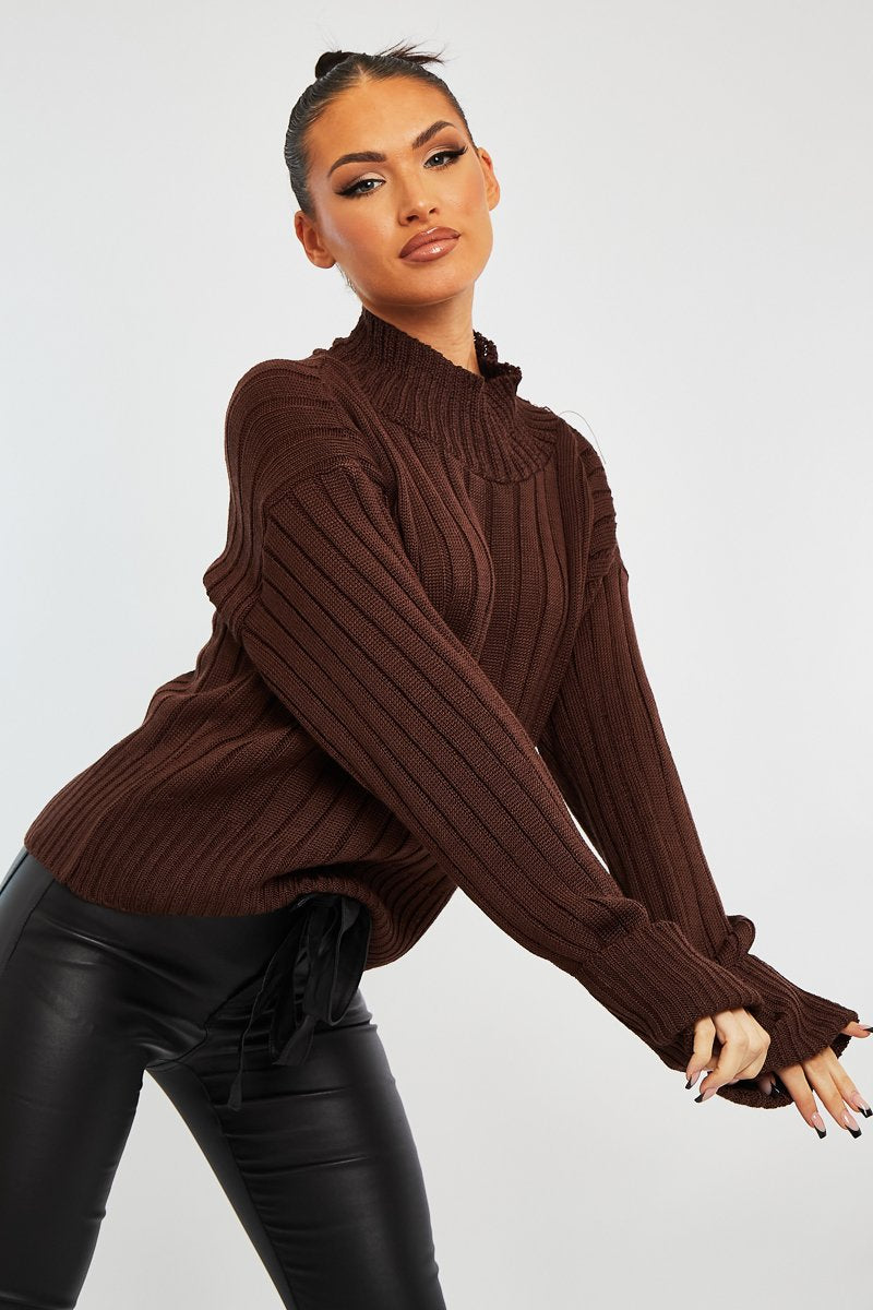 Chocolate Brown Knit High Neck Jumper - Jaelynn-Jumper