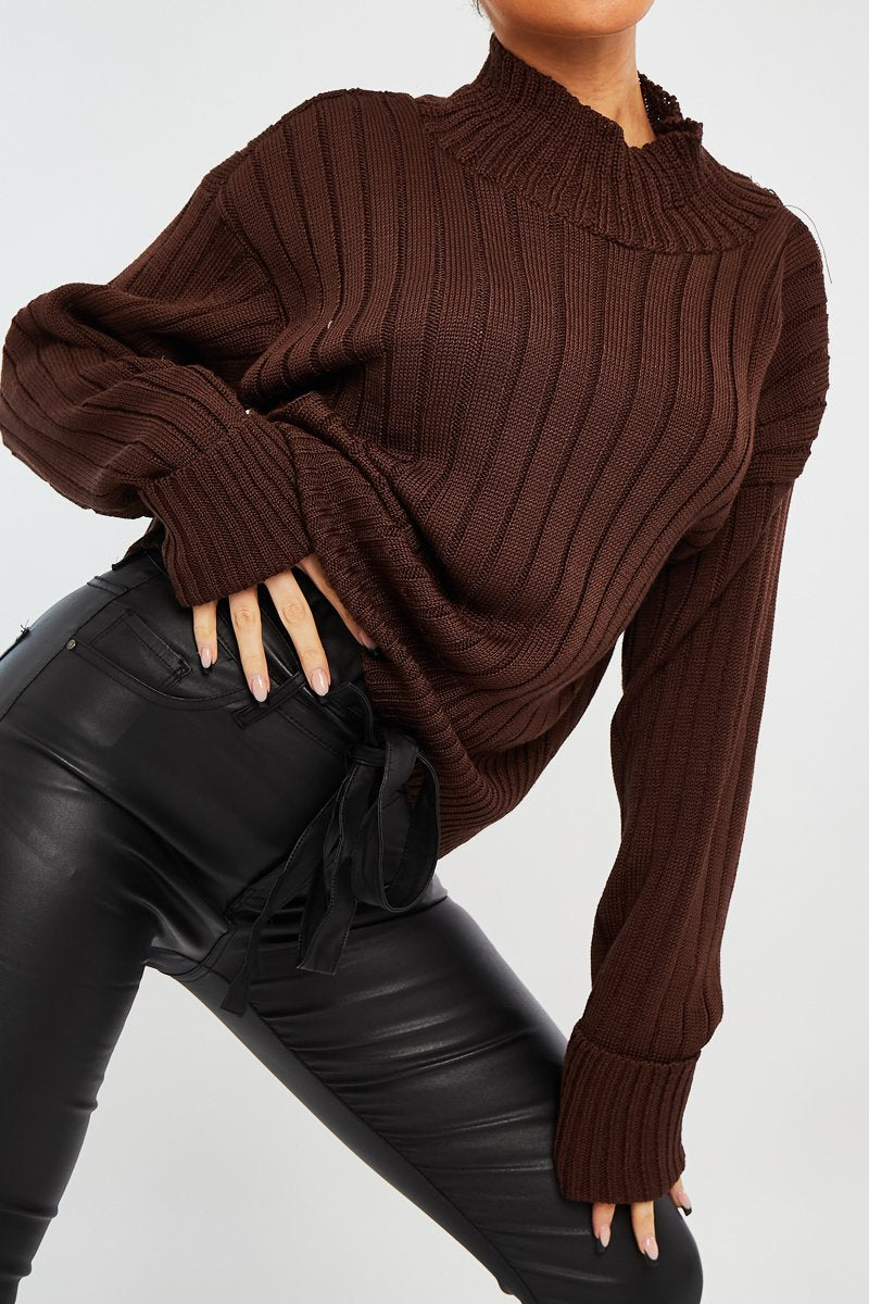 Chocolate Brown Knit High Neck Jumper - Jaelynn-Jumper