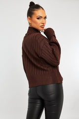 Chocolate Brown Knit High Neck Jumper - Jaelynn-Jumper