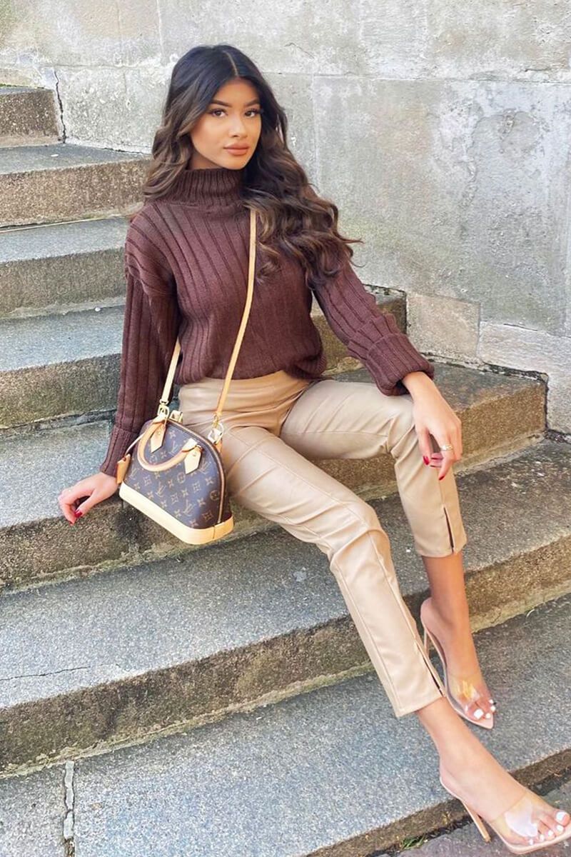 Chocolate Brown Knit High Neck Jumper - Jaelynn-Jumper