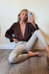 Chocolate Brown Satin Plunge Wrap Bodysuit - Penelopi-Bodysuits