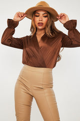 Chocolate Brown Satin Plunge Wrap Bodysuit - Penelopi-Bodysuits