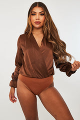 Chocolate Brown Satin Plunge Wrap Bodysuit - Penelopi-Bodysuits