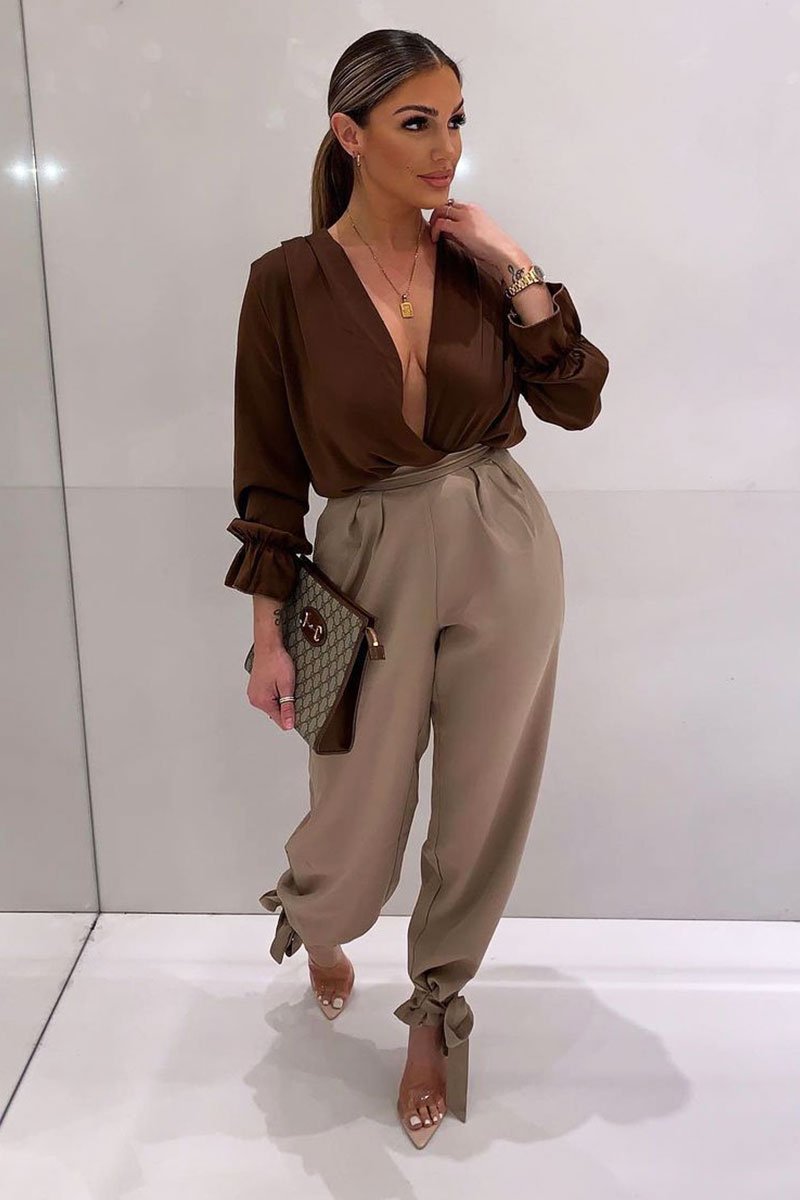 Chocolate Brown Satin Plunge Wrap Bodysuit - Penelopi-Bodysuits