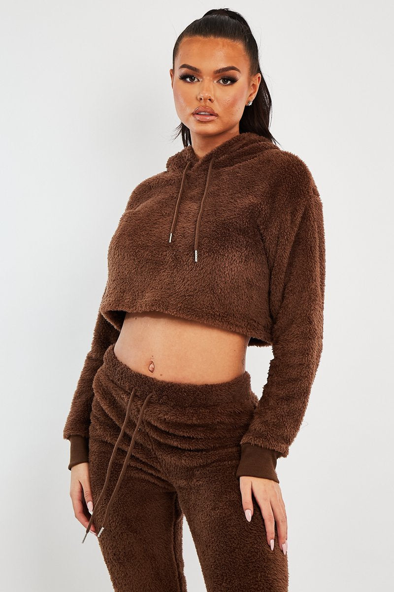 Chocolate Cropped Teddy Hoodie - Amyia-Hoodies