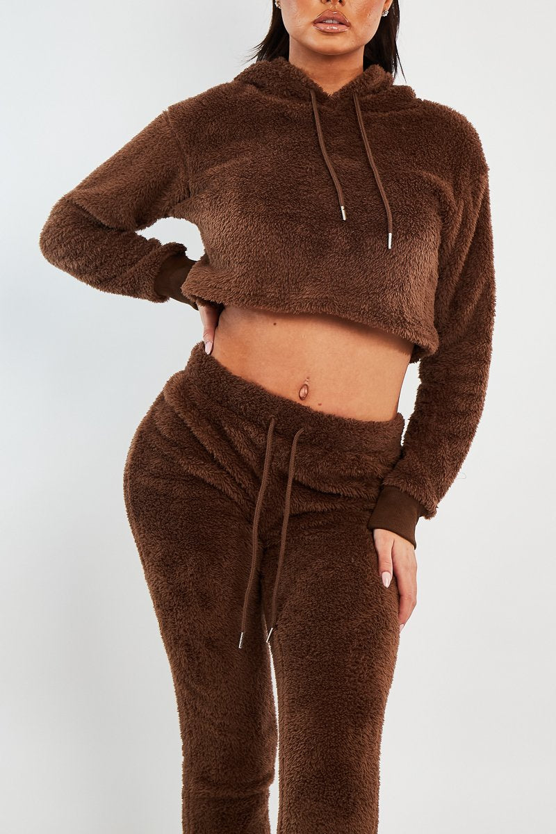 Chocolate Cropped Teddy Hoodie - Amyia-Hoodies