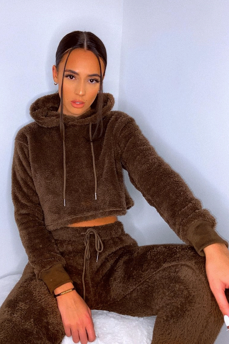 Chocolate Cropped Teddy Hoodie Amyia - Main Image