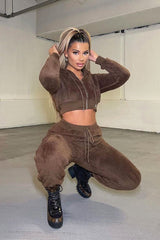 Chocolate Cropped Teddy Zip Up Hoodie - Cheryl-Hoodies