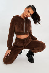 Chocolate Cropped Teddy Zip Up Hoodie - Cheryl-Hoodies