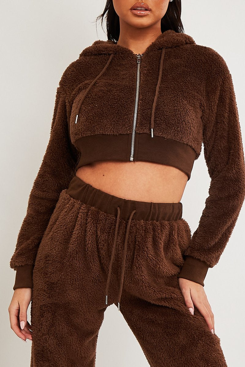 Chocolate Cropped Teddy Zip Up Hoodie - Cheryl-Hoodies
