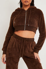 Chocolate Cropped Teddy Zip Up Hoodie - Cheryl-Hoodies