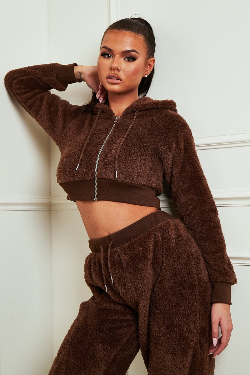 Chocolate Cropped Teddy Zip Up Hoodie - Cheryl-Hoodies