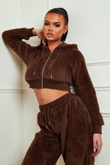 Chocolate Cropped Teddy Zip Up Hoodie - Cheryl-Hoodies